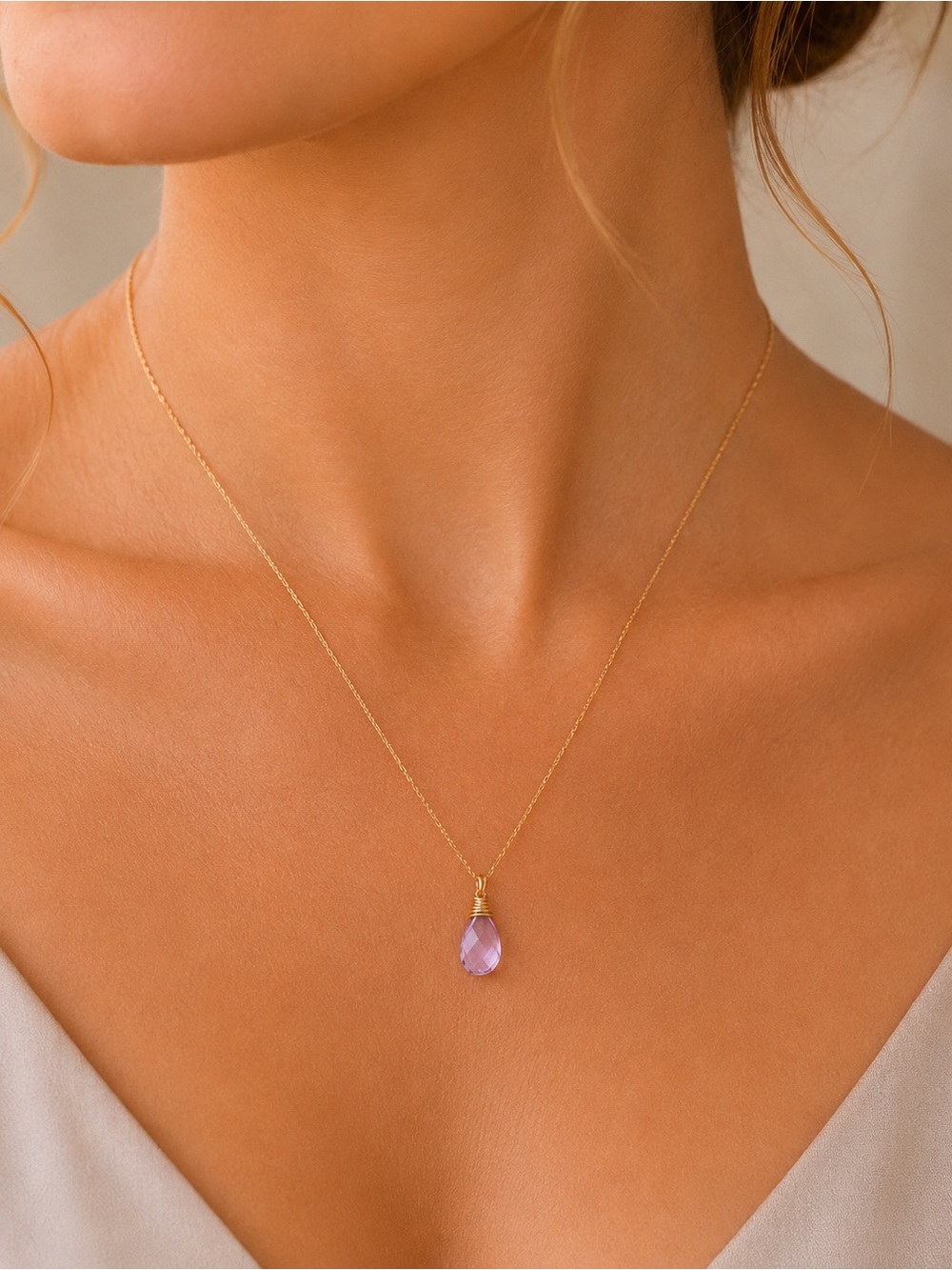 Pink Amethyst Faceted Pendant Gold Necklace